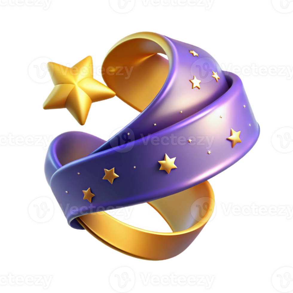 stunning creative Golden Star Purple Ribbon 3D Render genuine png