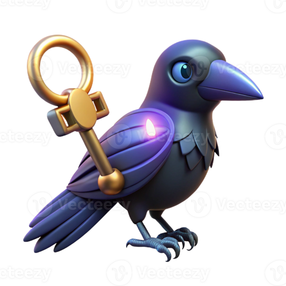vibrant abstract 3D Render Cartoon Raven with Golden Key exclusive png