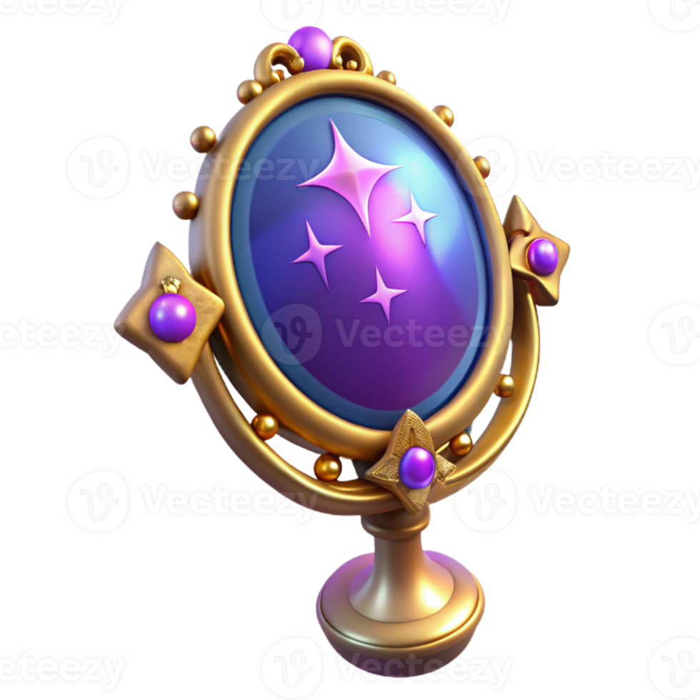 wonderful modern 3D Render Magical Mirror, Golden Frame, Purple Stars premium png