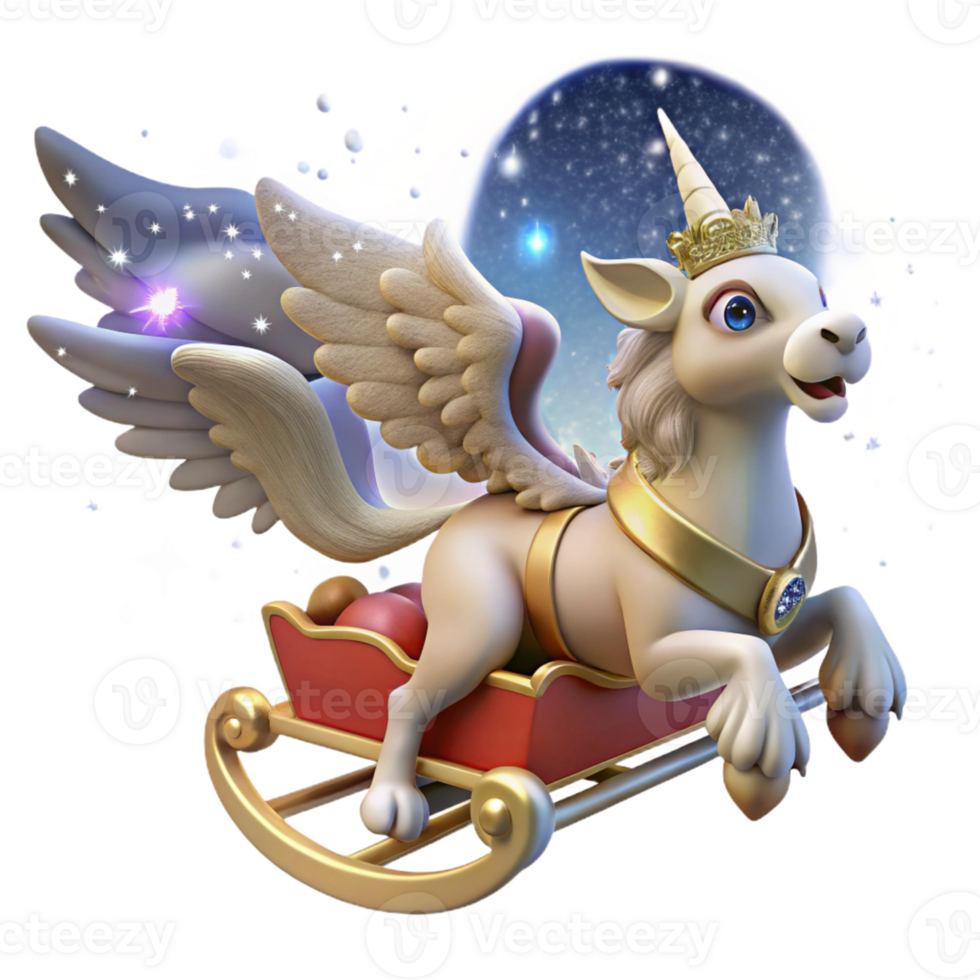 dramatic artistic 3D Illustration Winged Unicorn in a Sleigh original png
