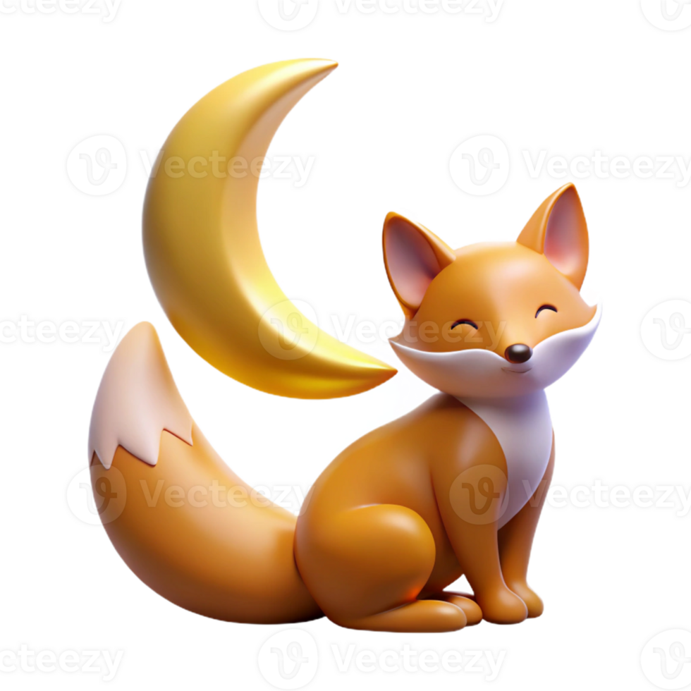 dramatic rustic Adorable 3D Fox Illustration with Moon premium png