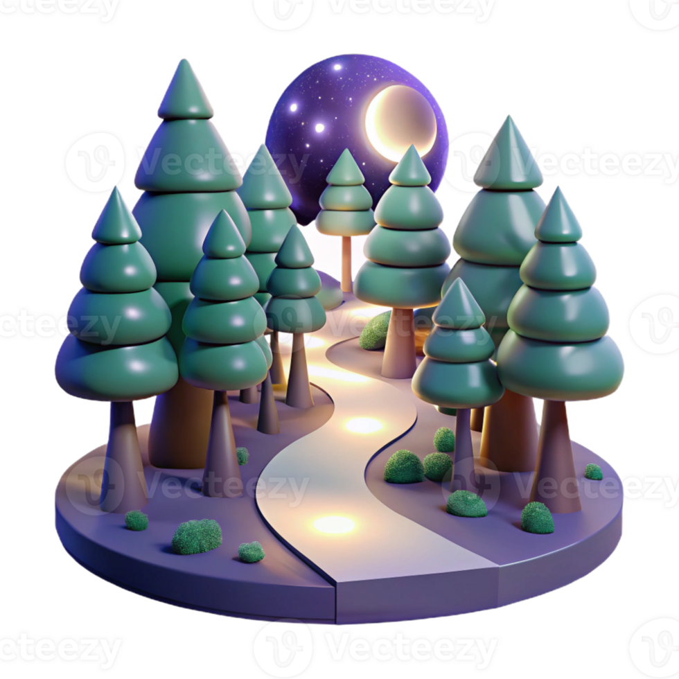 vibrant minimalist 3D Night Forest Path Illustration professional png
