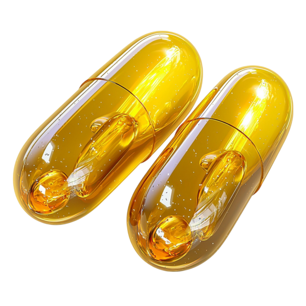 Shiny golden capsules filled with oil represent health supplements and nutritional benefits png