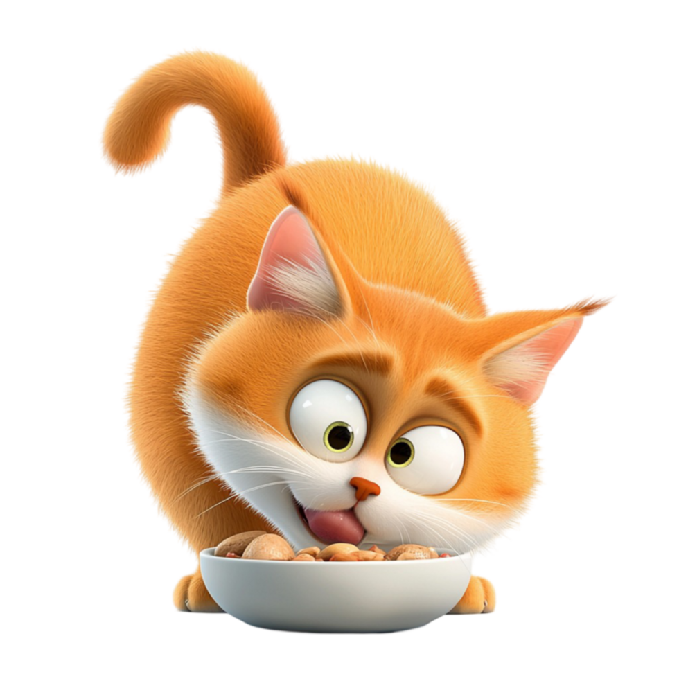 Cute orange cat eagerly eating from a bowl symbolizes playfulness hunger and feline charm png