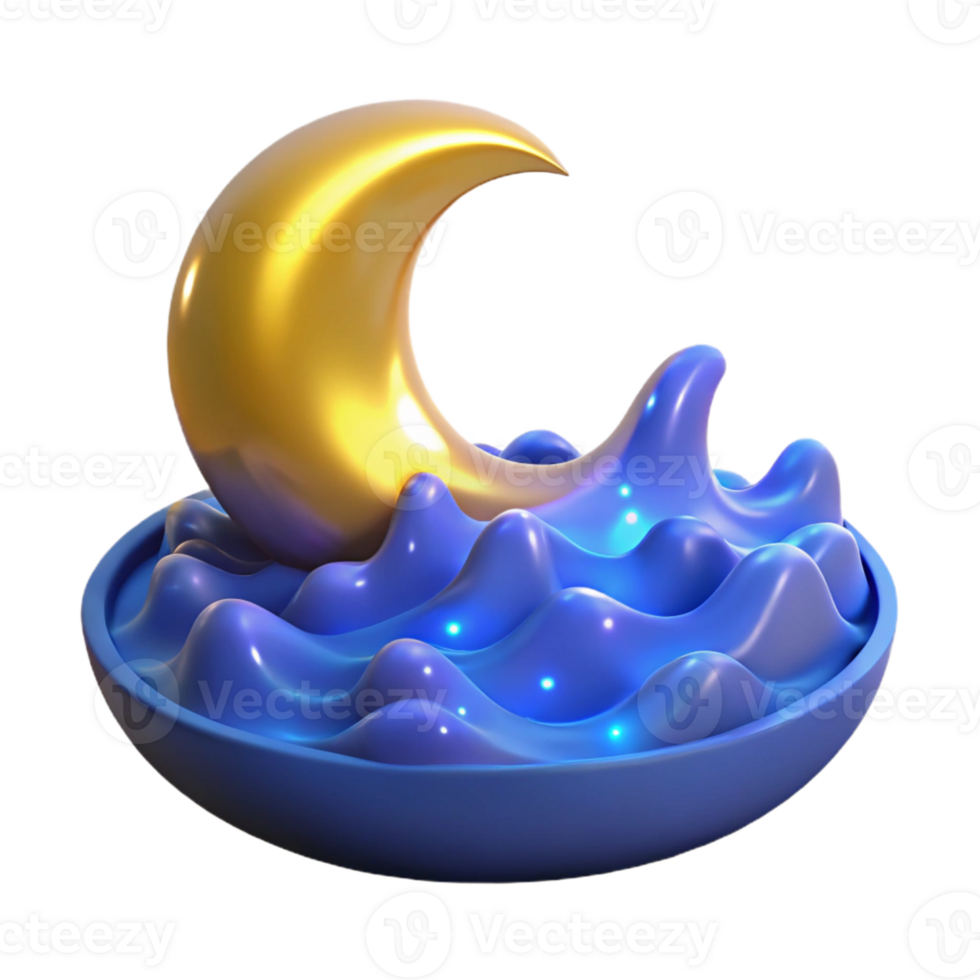 serene contemporary Golden Crescent Moon on Blue Waves 3D Render genuine png