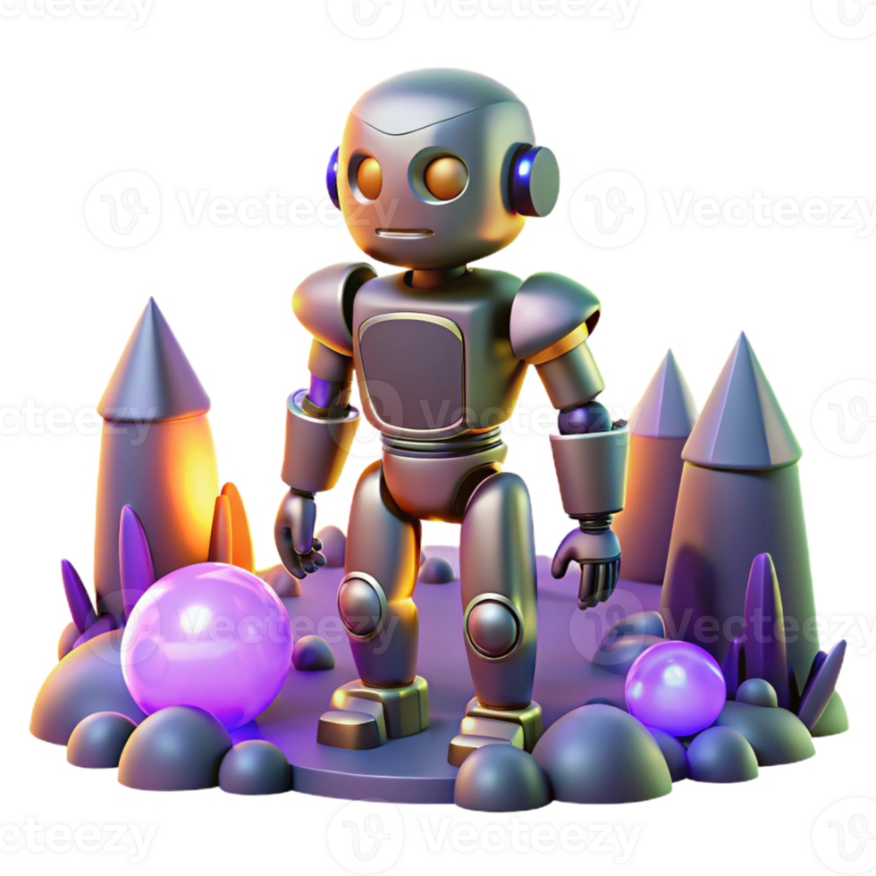 elegant minimalist 3D Render of Cute Robot in Fantasy Setting exclusive png