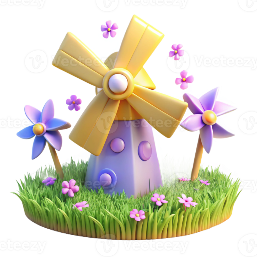 magnificent vintage 3D Cartoon Windmill in Flower Garden original png