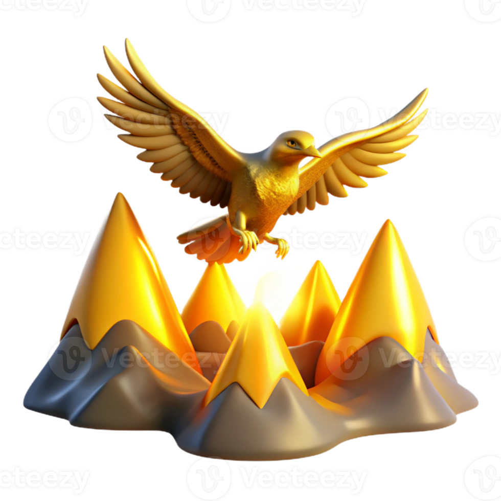 stunning artistic Golden Bird Soaring Above Mountains 3D Illustration professional png
