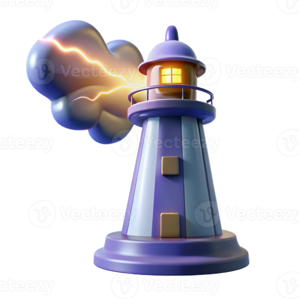 stunning abstract 3D Cartoon Lighthouse Illustration with Lightning Storm 4K png