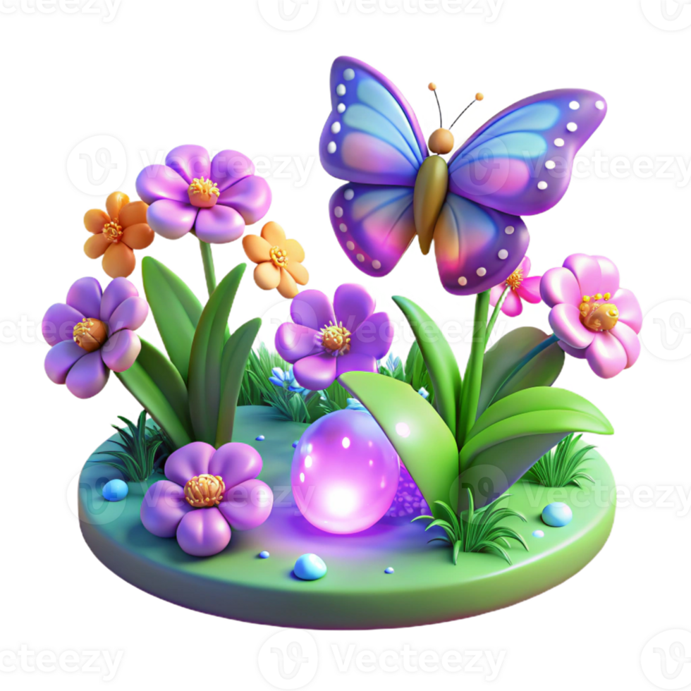 beautiful rustic 3D Cartoon Garden Scene with Butterfly 4K png