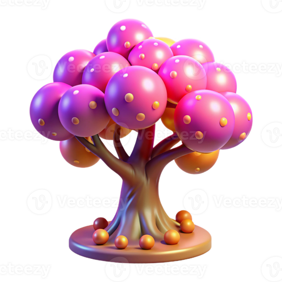 extraordinary contemporary 3D Render Cartoon Tree Pink Yellow Balls 4K png