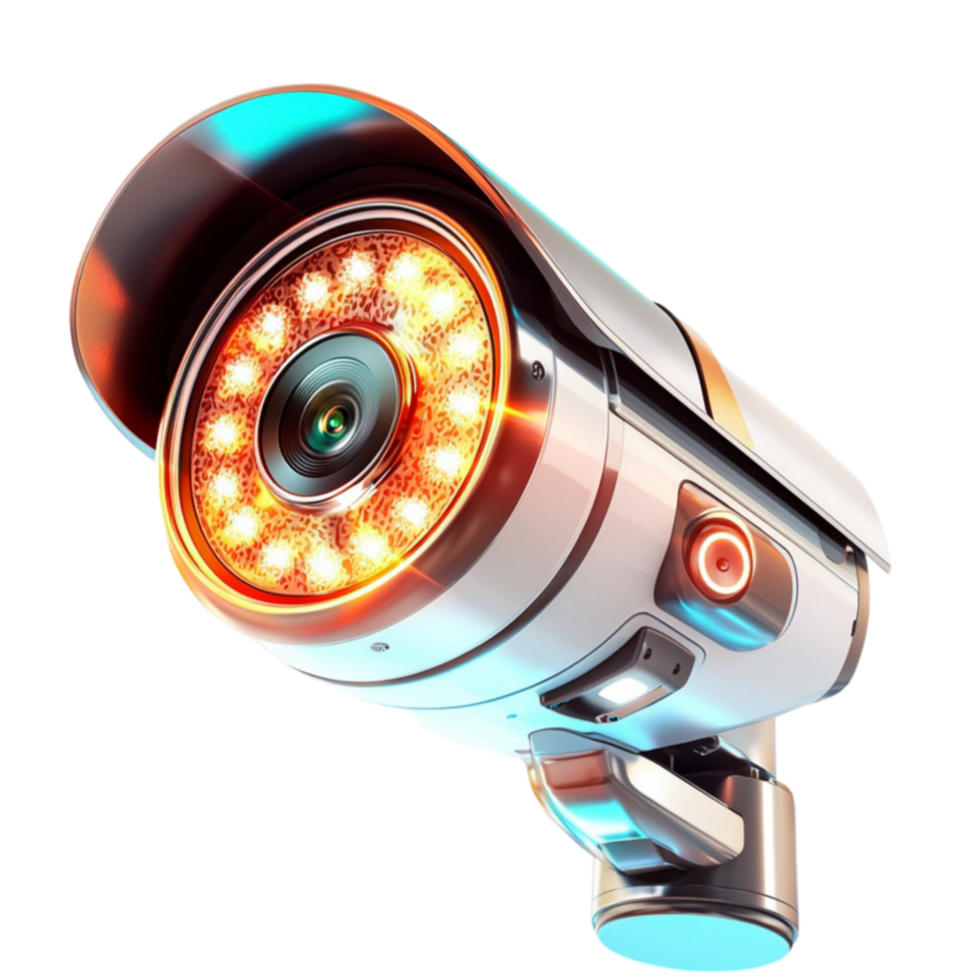 Surveillance camera with a glowing red lens and a metallic body is used for security png