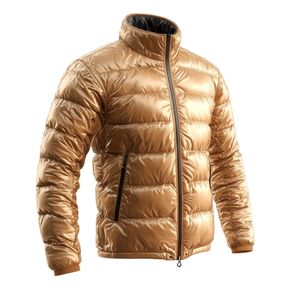 Golden puffer jacket with a high collar symbolizing winter warmth and outerwear png