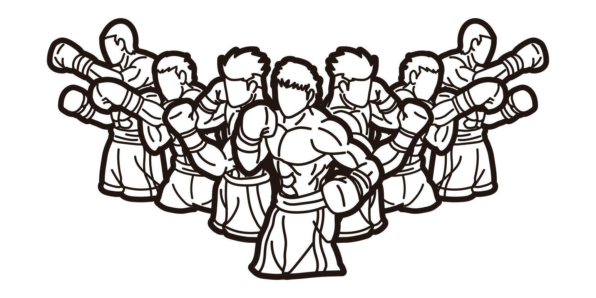 Boxing Sport Kickboxing Mix Action Muay Thai Group of Fighter Cartoon Graphic vector