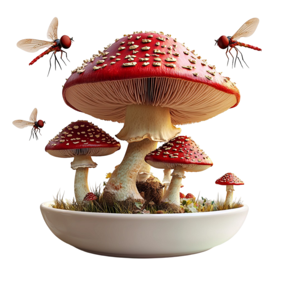 Decorative bowl filled with red mushrooms and buzzing insects symbolizes nature delicacy and woodland mystery png