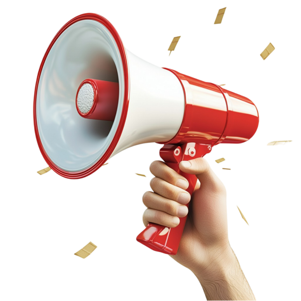 Megaphone with a red and white design is held by a hand for making announcements png
