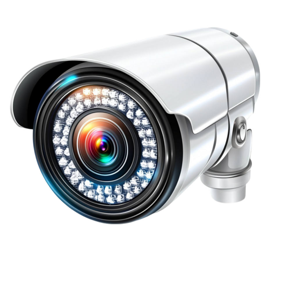 Hightech security camera with a sleek metallic body and a glowing infrared lens png