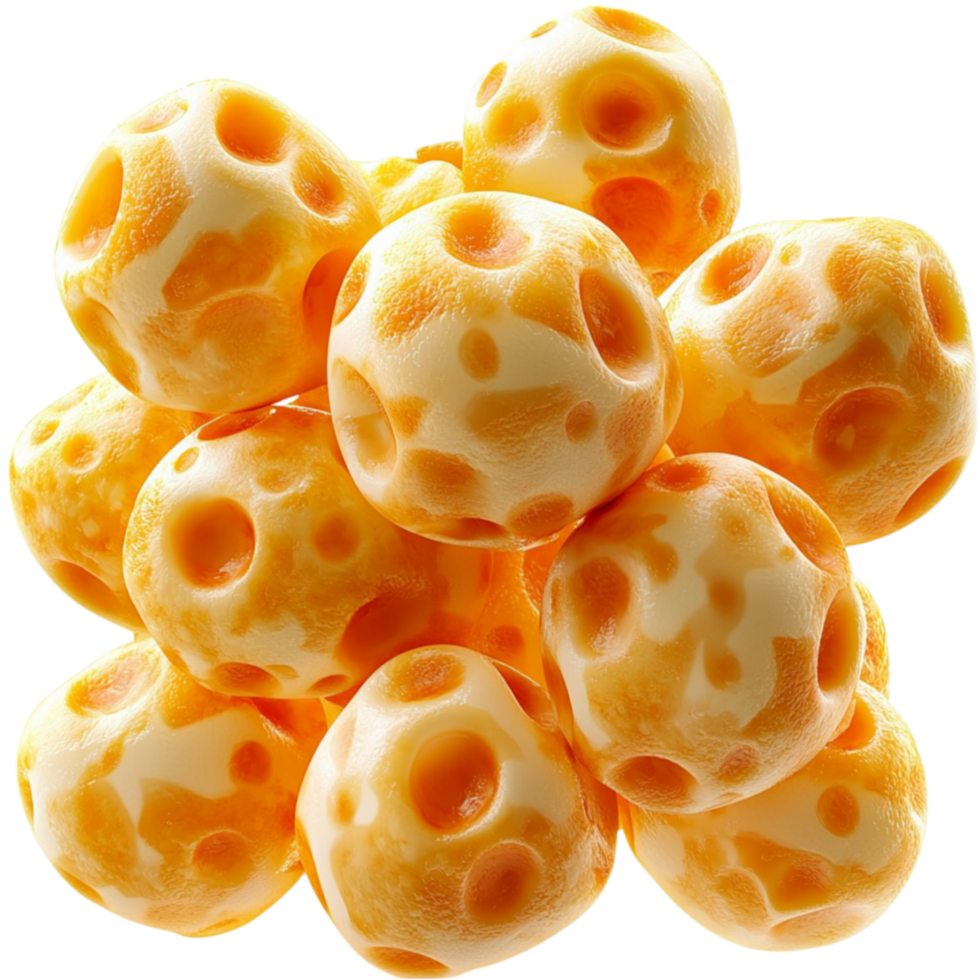 Round cheese puffs with a crispy outer shell and visible air pockets in a closeup view png