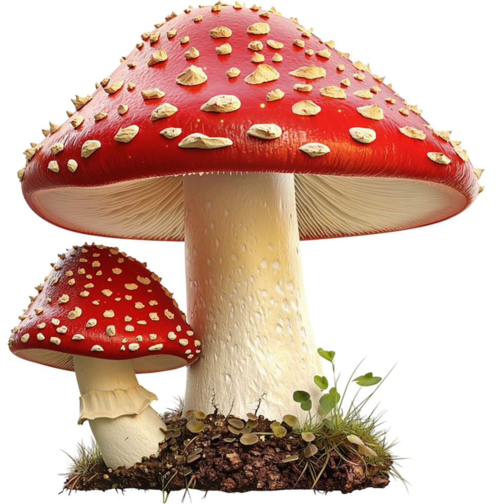 Mushroom with a red cap and white spots stands tall in a natural setting png