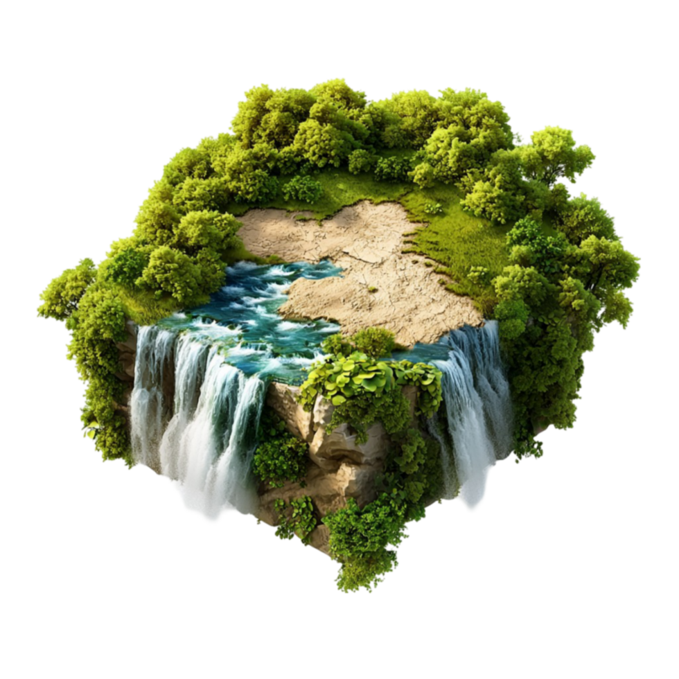 Miniature floating island with lush green trees rocky cliffs and a cascading waterfall png