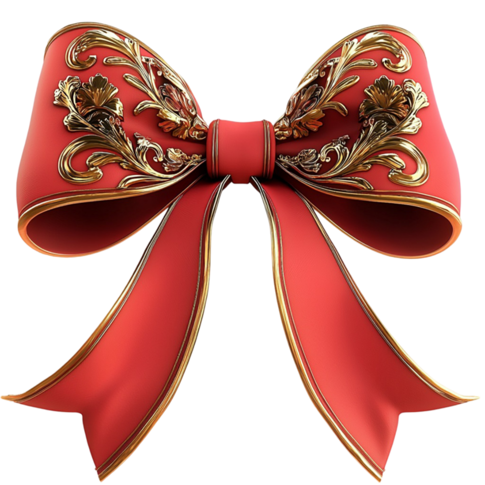 Luxurious red bow with golden ornate decorations and a silky smooth texture png