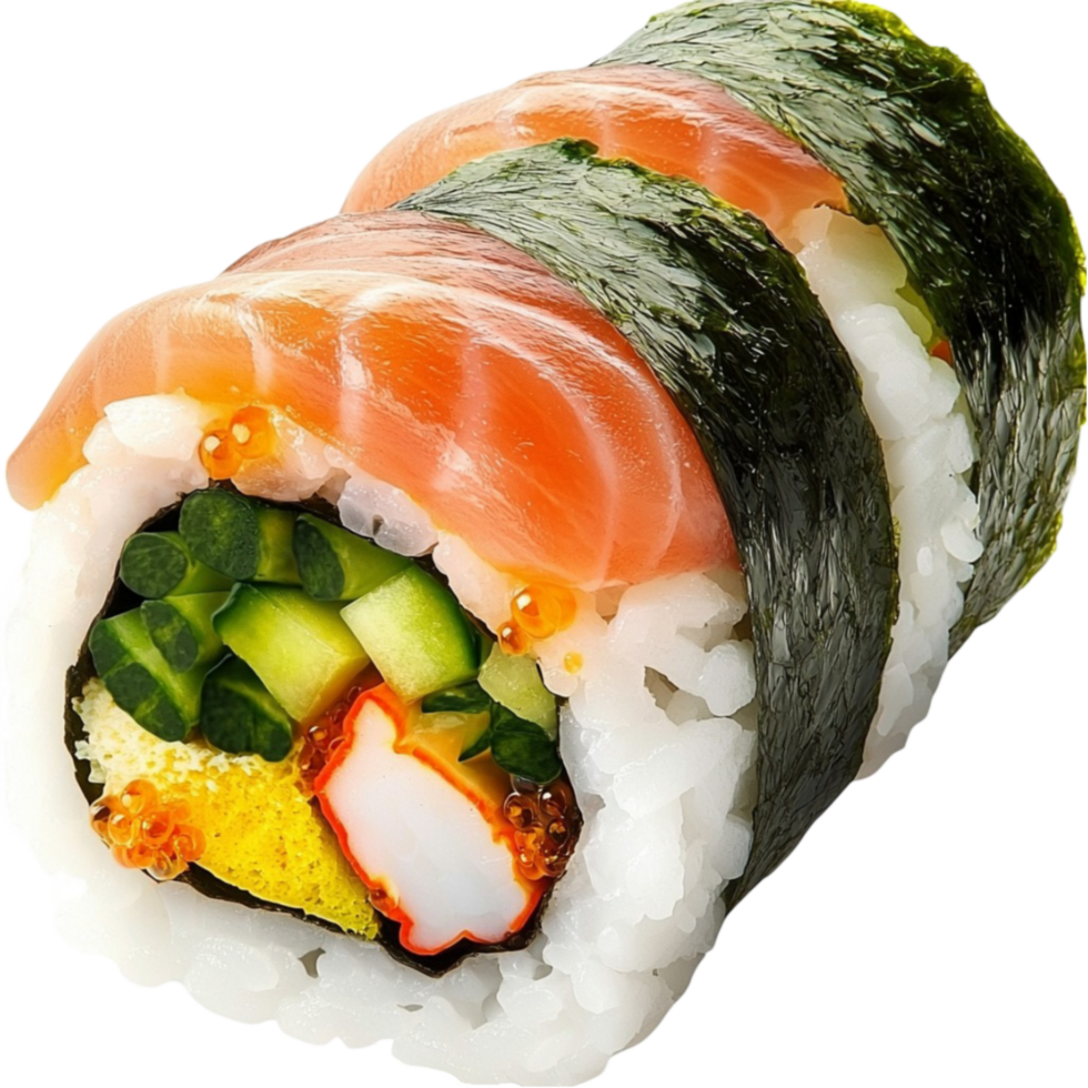 Fresh sushi roll wrapped in nori with salmon avocado crab and cucumber filling png
