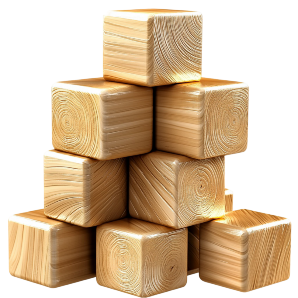 Neatly stacked wooden cubes with visible grain texture arranged in a pyramid formation png