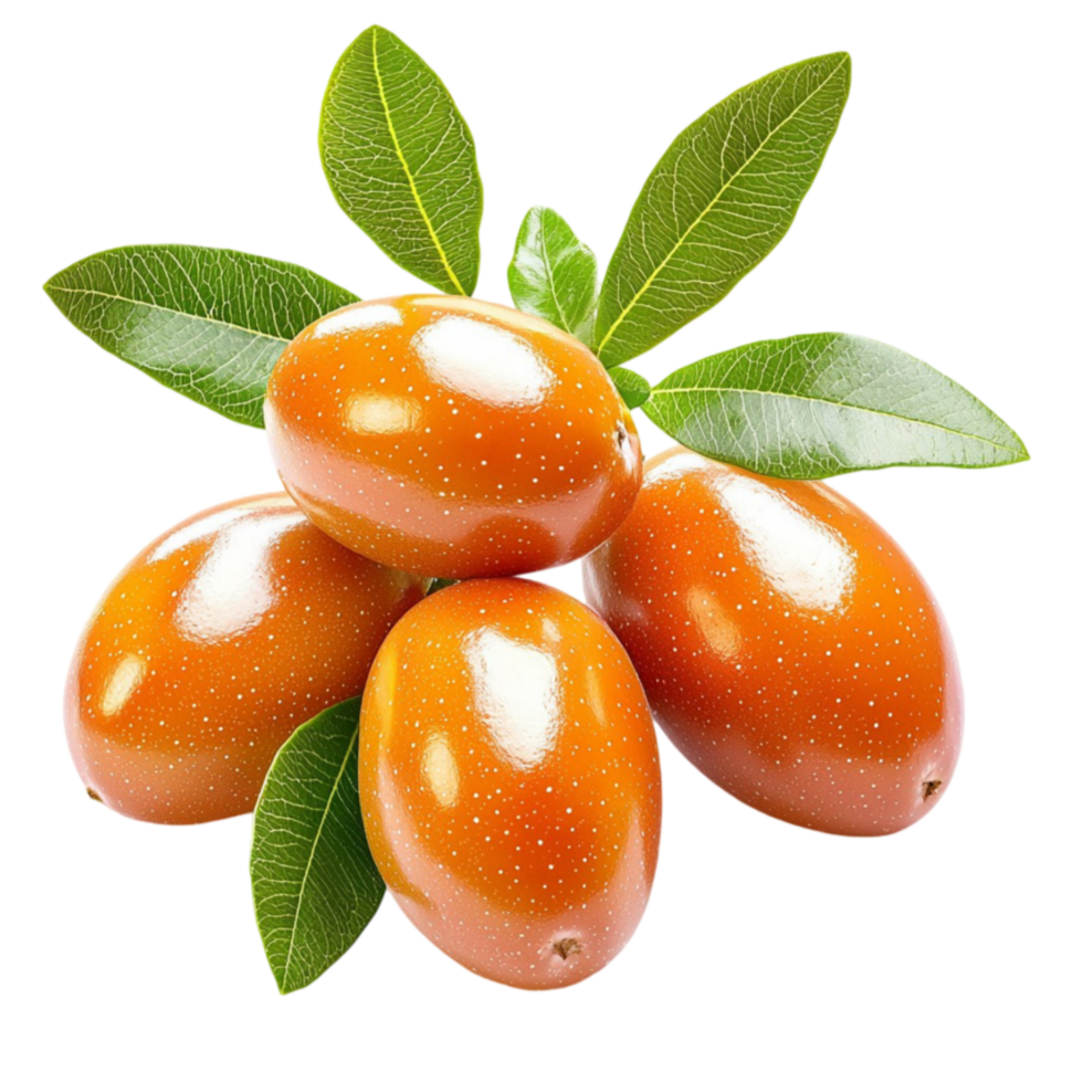 Cluster of ripe golden kumquats with smooth shiny skin and fresh green leaves attached png