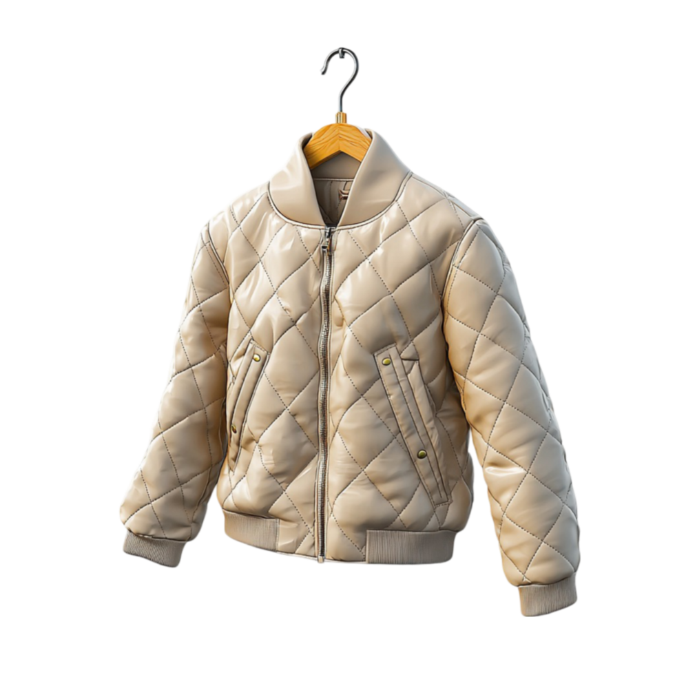 Beige quilted bomber jacket hanging on a wooden hanger with a cozy padded texture png