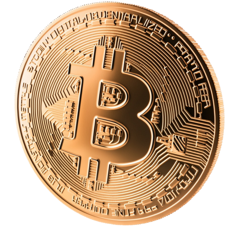 Shiny gold bitcoin coin with intricate engravings representing digital cryptocurrency png