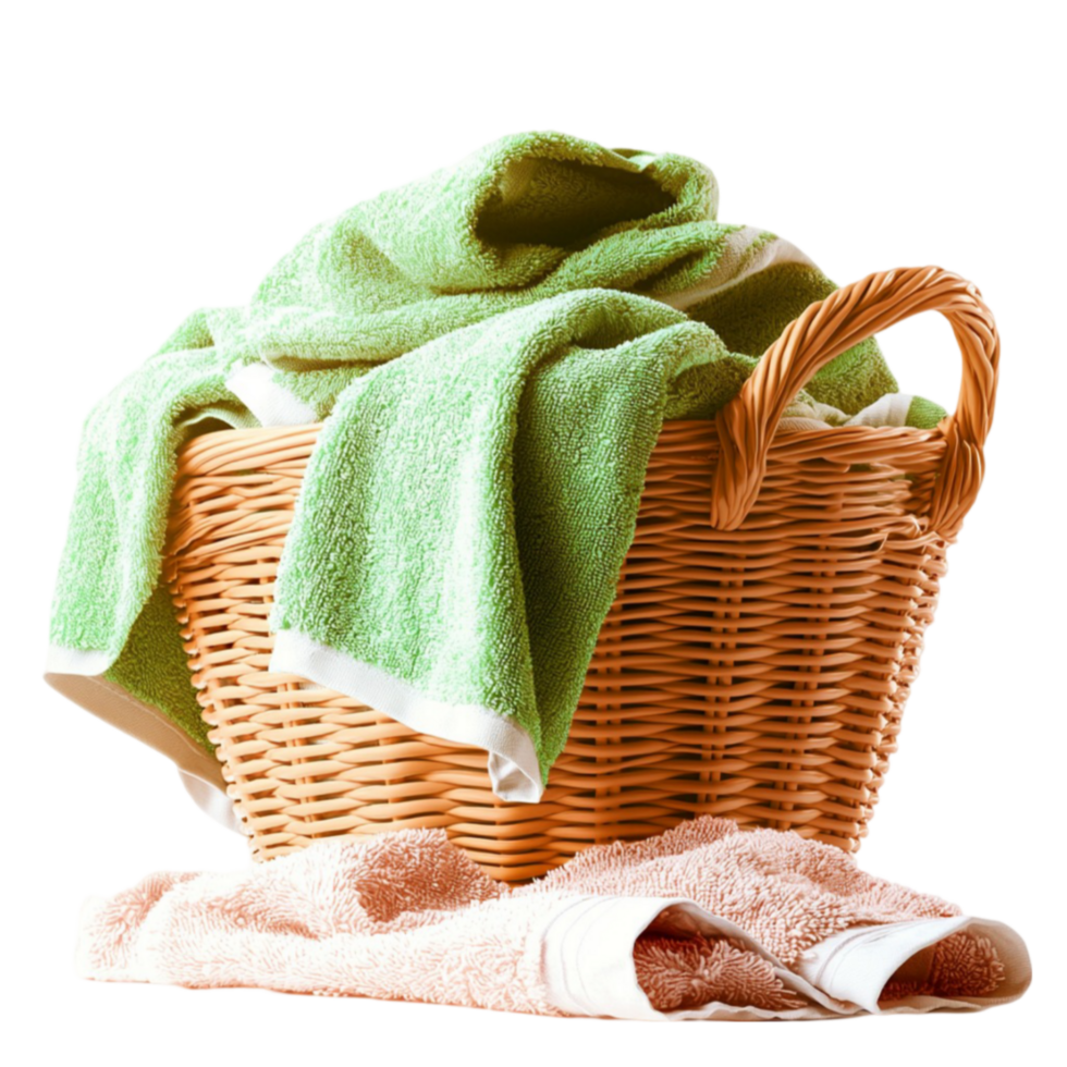 Neatly arranged wicker basket filled with plush towels and a soft green fabric draped over png