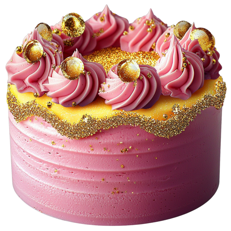 Elegant pink cake with golden decorations swirls of frosting and small delicate pearls png