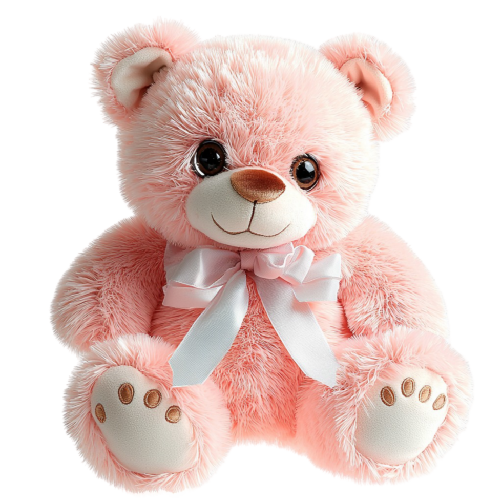 Cute plush pink teddy bear with a white satin bow and a friendly smiling face png
