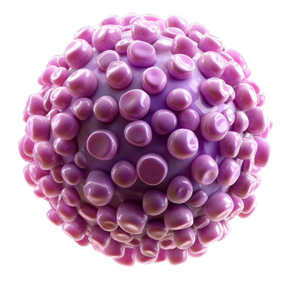 Microscopic view of a purple virus particle with a spiky spherical surface png