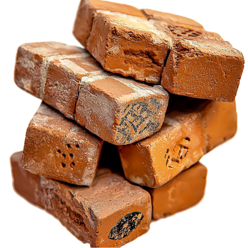 Stack of chocolate fudge cubes with a rich brown texture and visible chunks inside png
