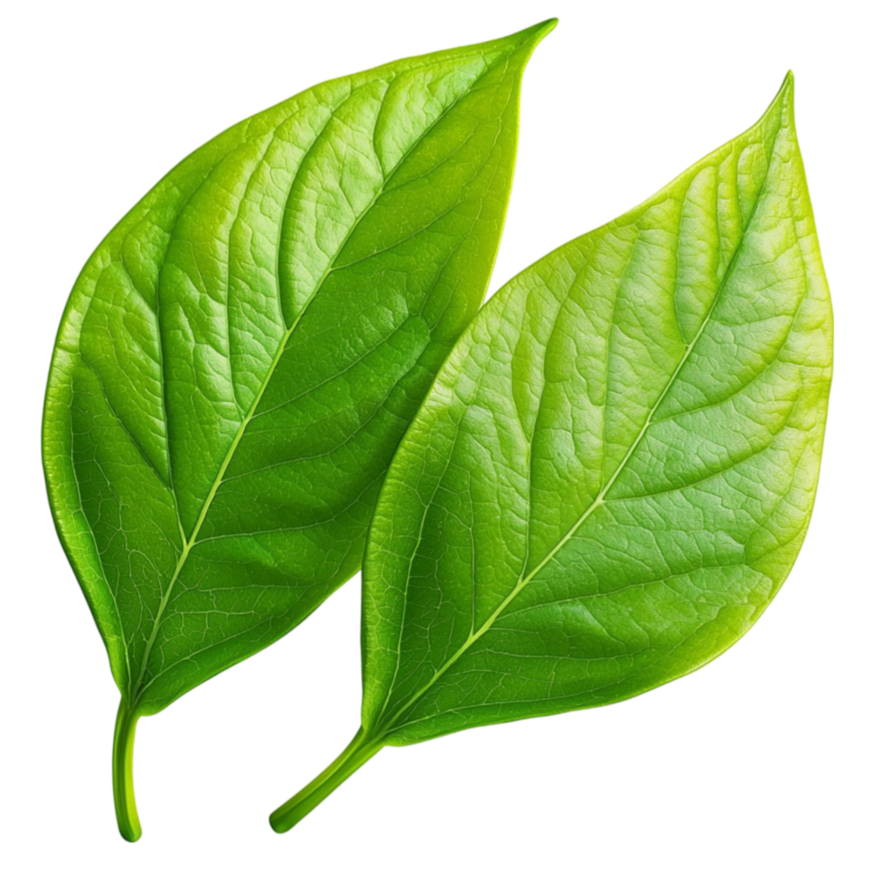 Two fresh green leaves with a smooth surface and prominent veins png