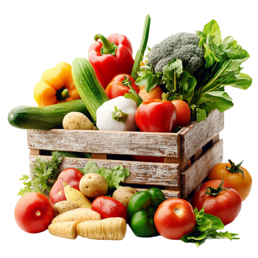 Wooden crate filled with fresh vegetables including tomatoes cucumbers and bell peppers png