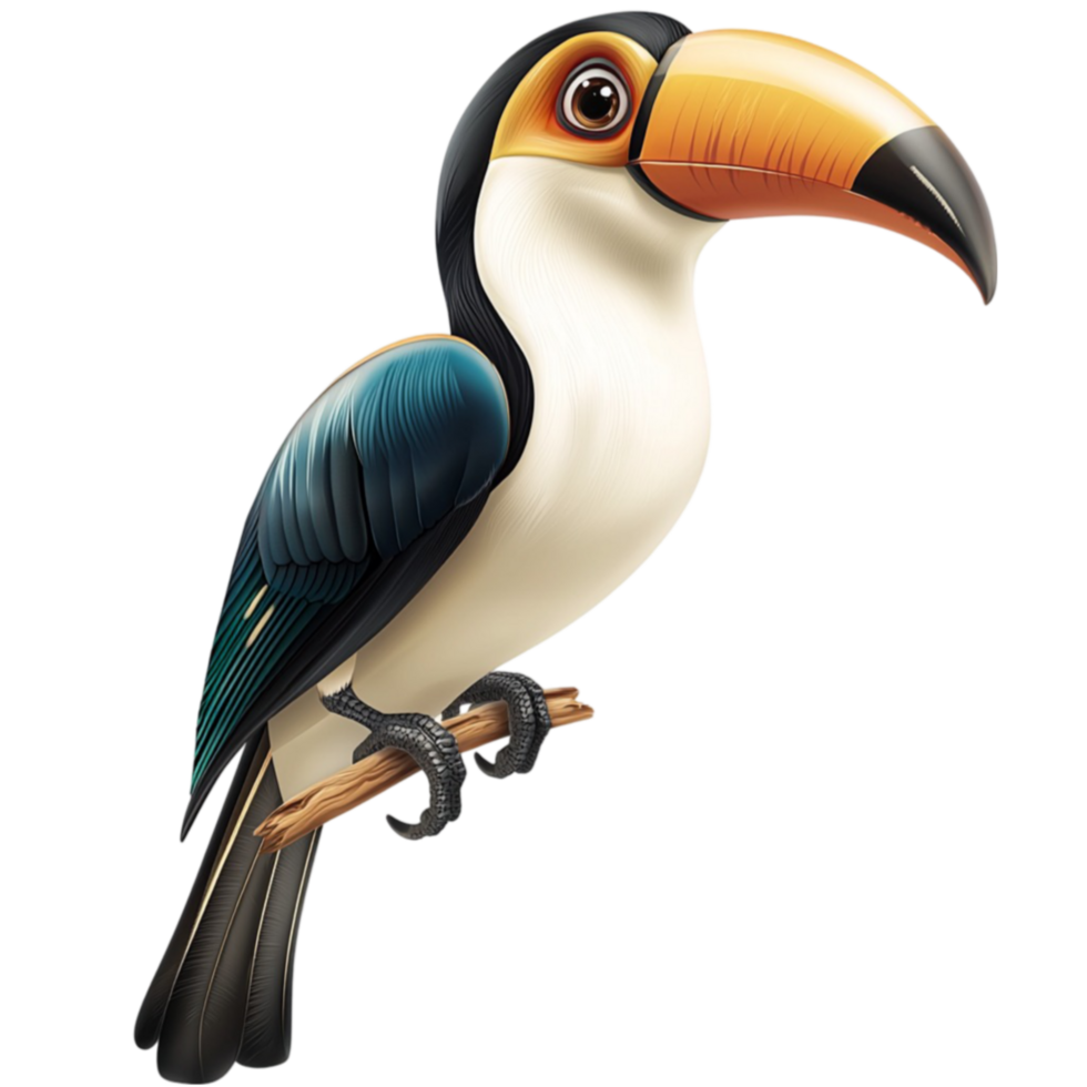 Exotic toucan bird with a large curved beak and glossy black and white feathers png