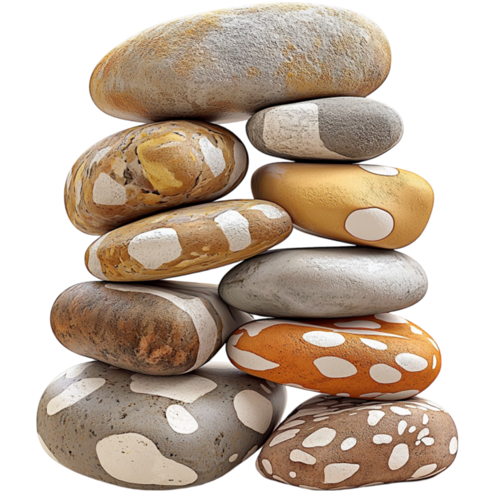 Stack of smooth river stones with unique patterns arranged in a balanced formation png