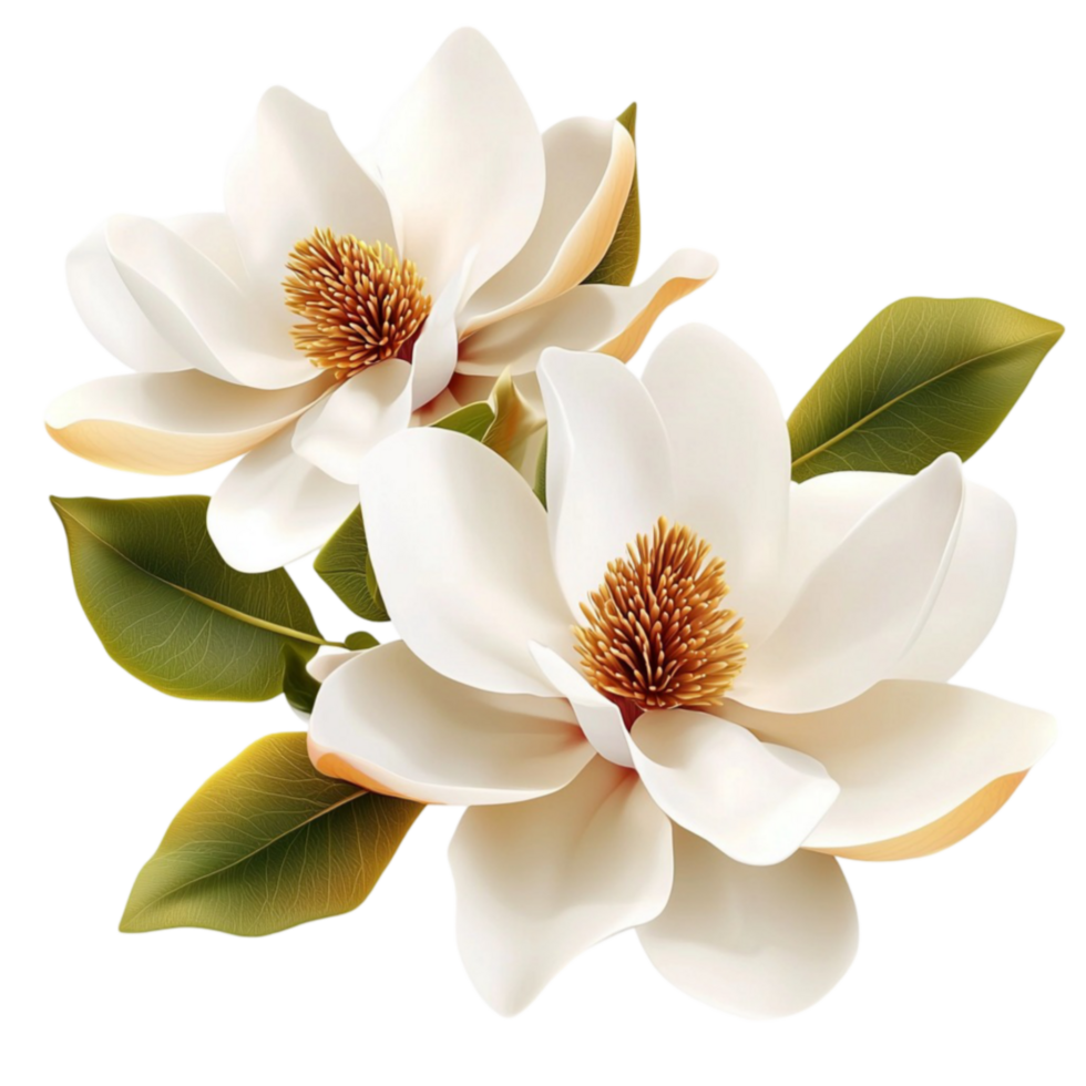 Delicate white magnolia flowers with soft petals and lush green leaves in full bloom png