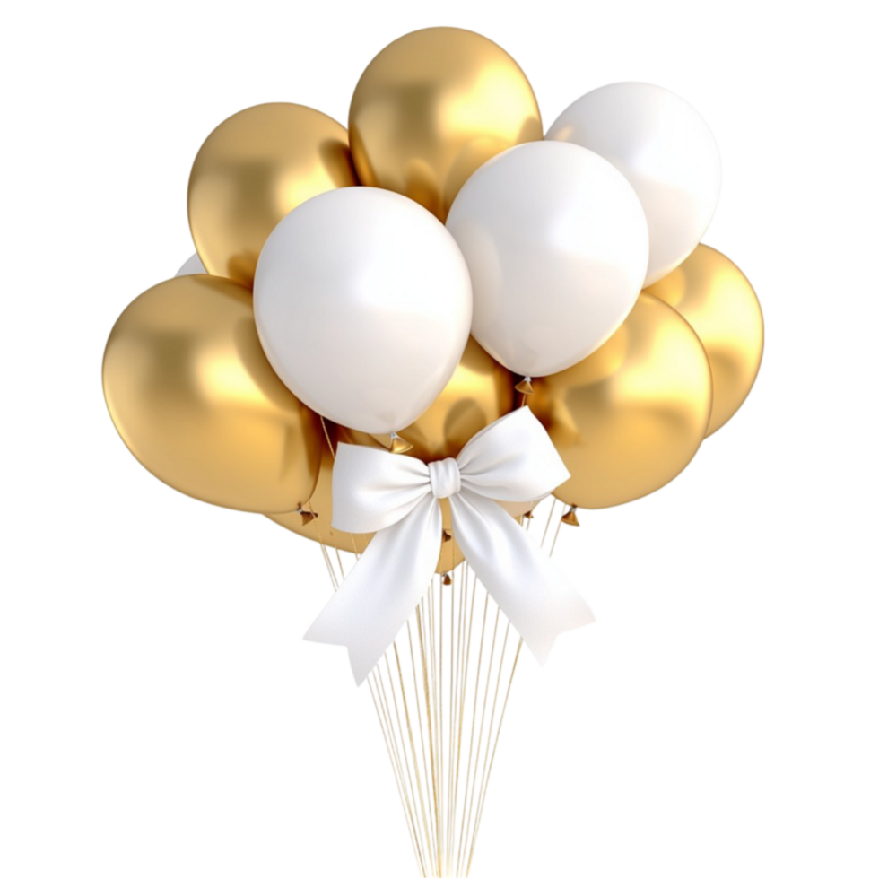 Elegant bouquet of gold and white balloons tied together with a ribbon png