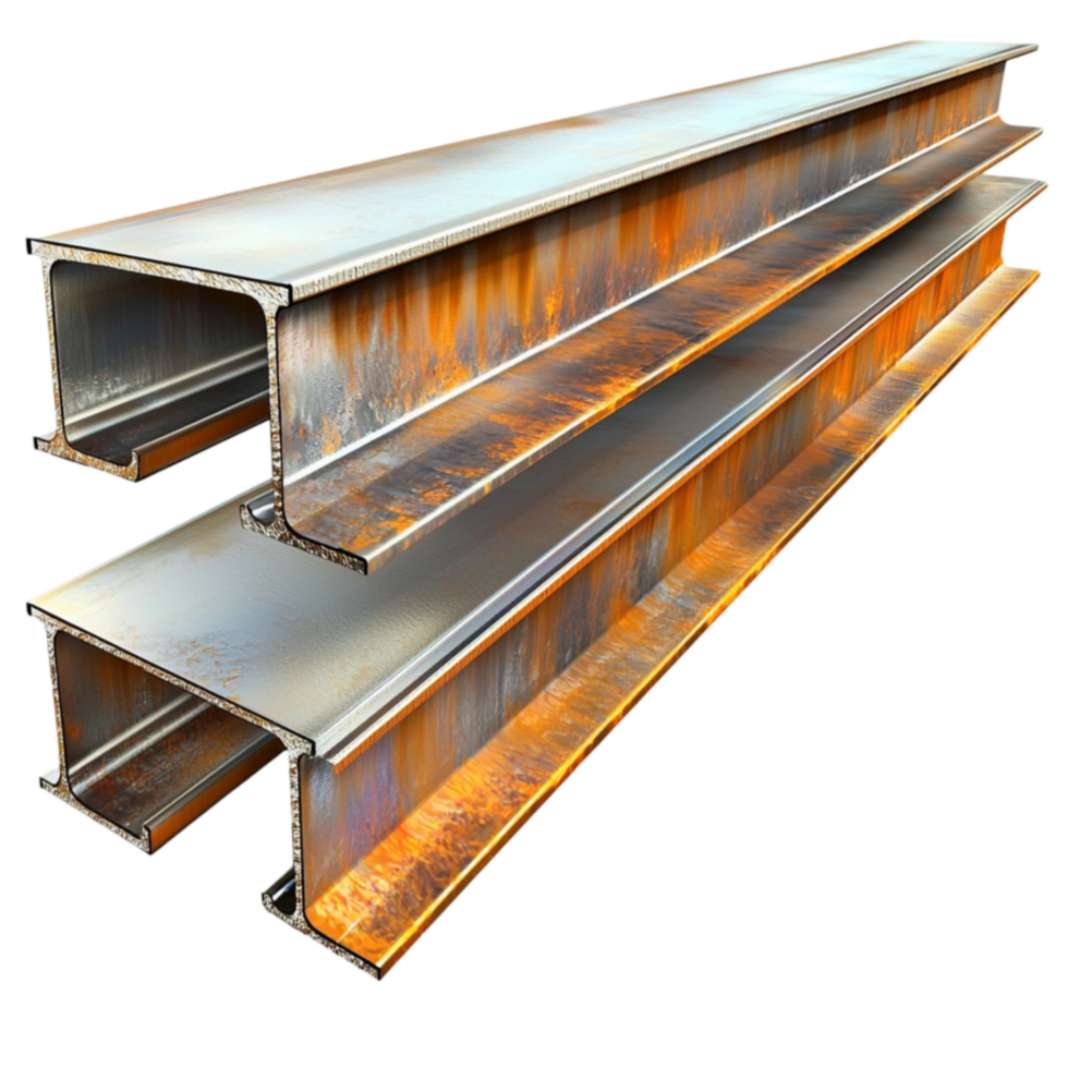Heavyduty steel beams with a reflective surface arranged in a neat parallel stack png