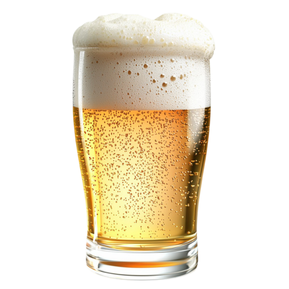 Glass of cold golden beer with a frothy white foam and tiny bubbles rising png