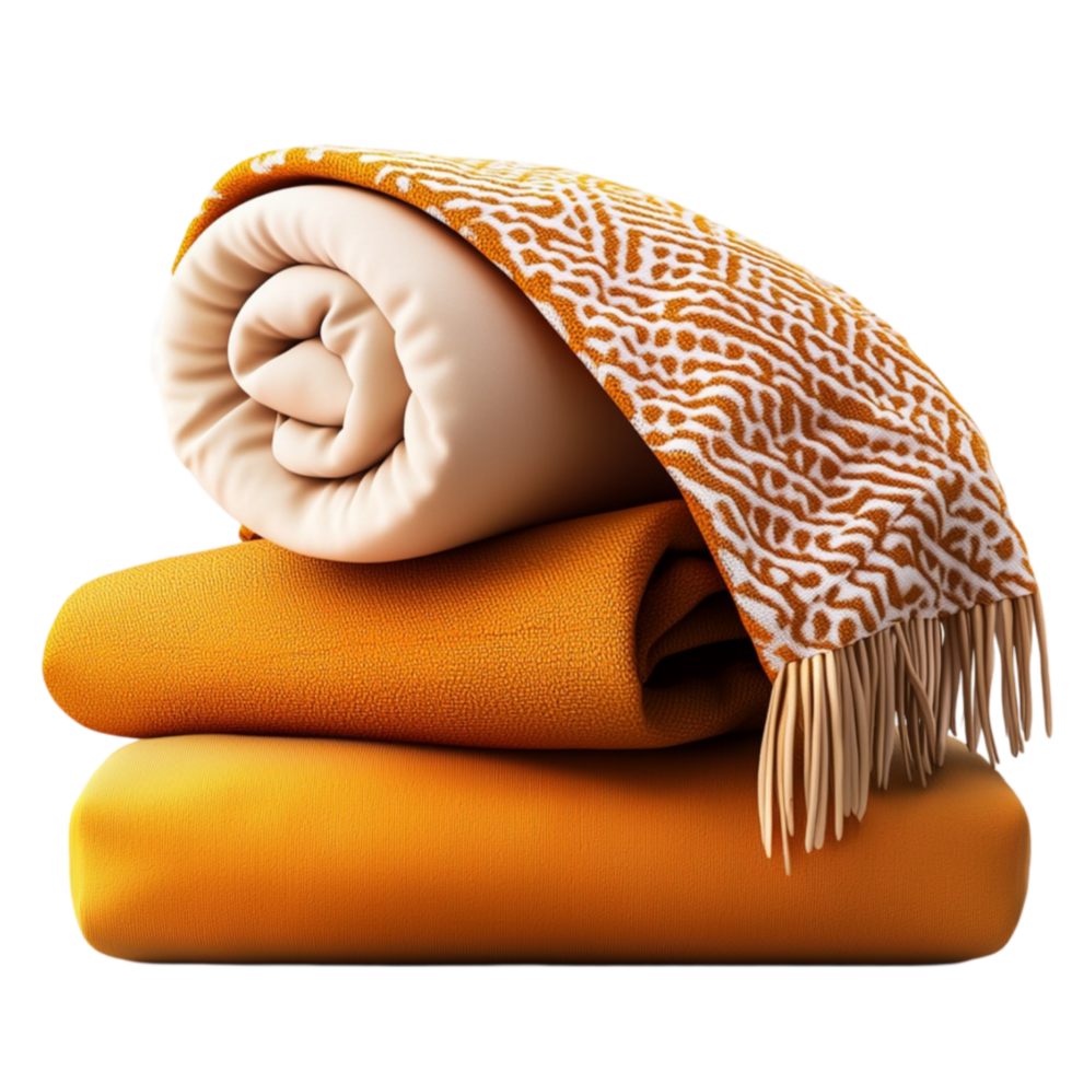 Cozy folded blankets with a soft woven texture and a decorative fringe on top png