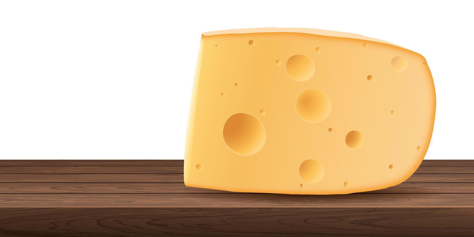 A piece of swiss cheese on a wooden cutting board with white background graphic illustration have blank space. vector