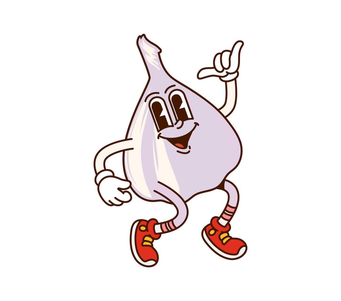Cartoon groovy garlic vegetable retro character vector