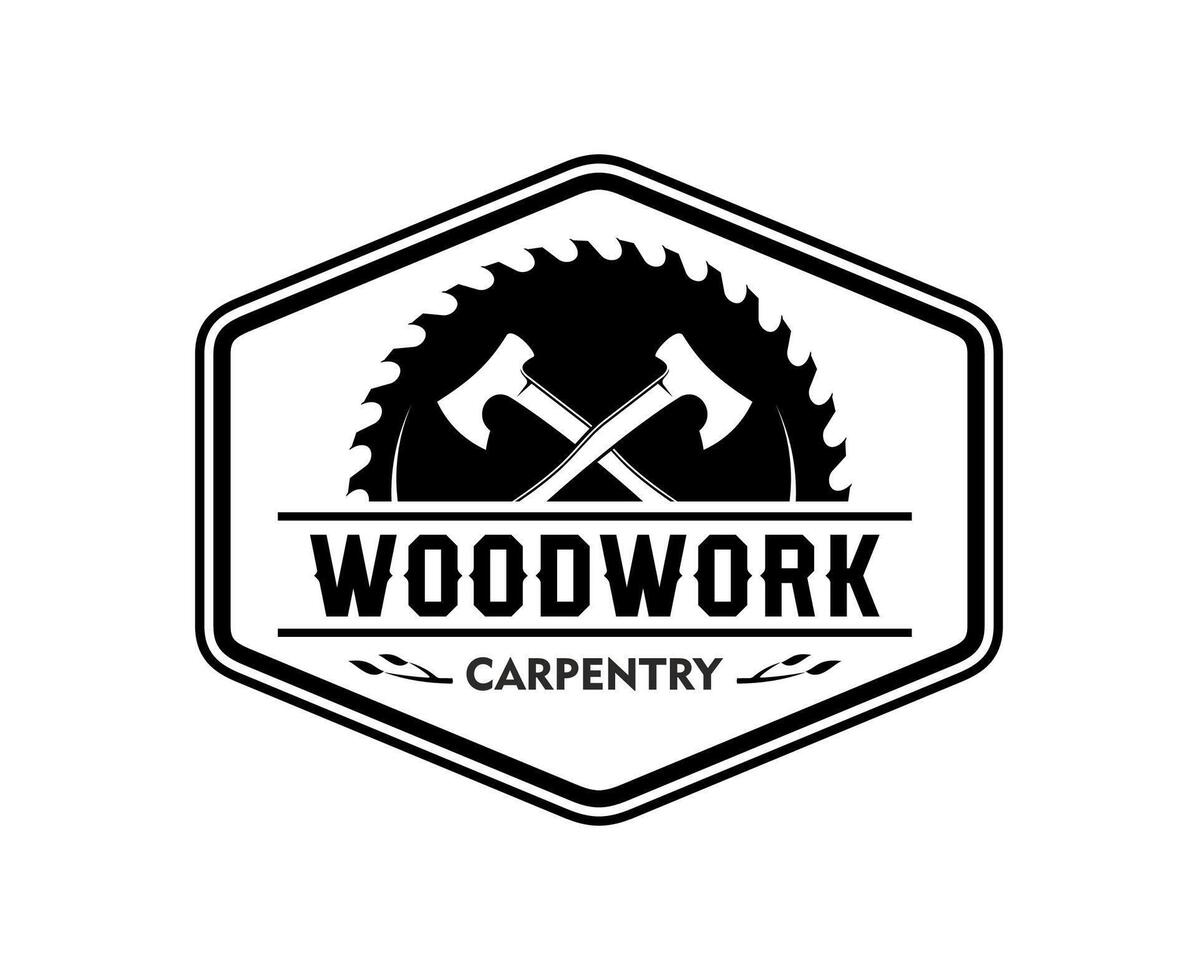 Carpentry woodwork icon with crossed axes and saw vector