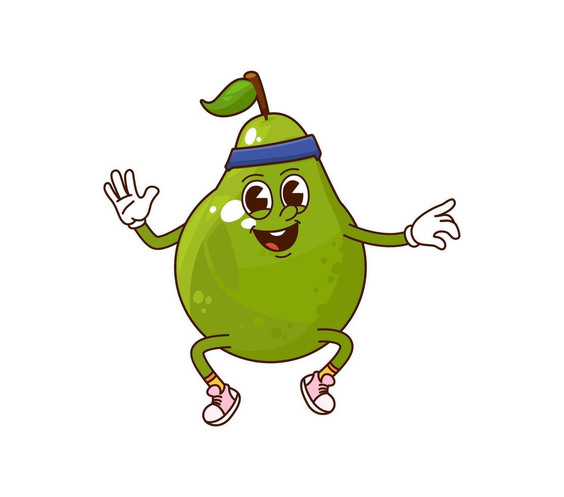 Cartoon funny groovy green pear fruit character vector