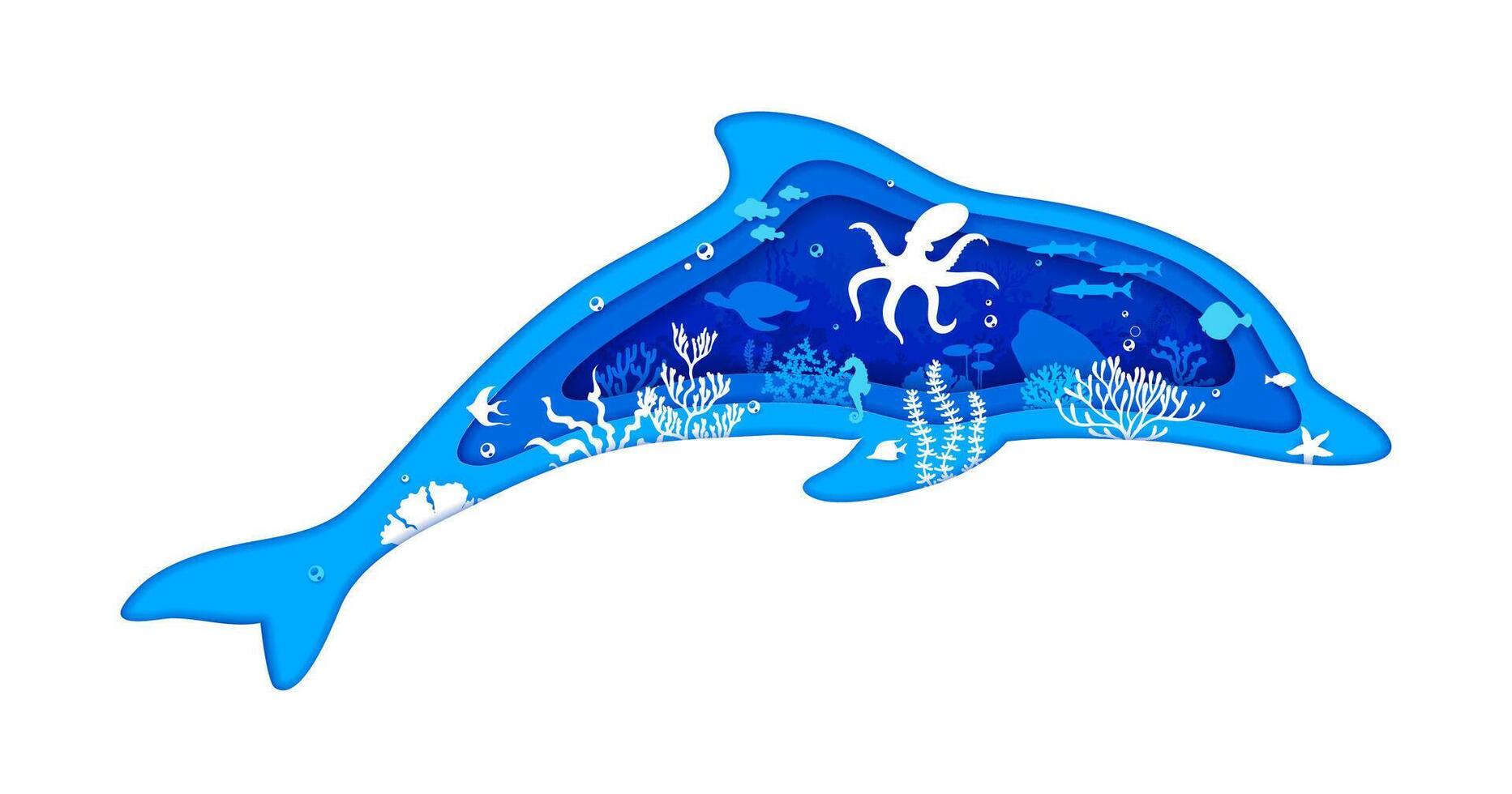 Dolphin silhouette paper cut underwater landscape vector