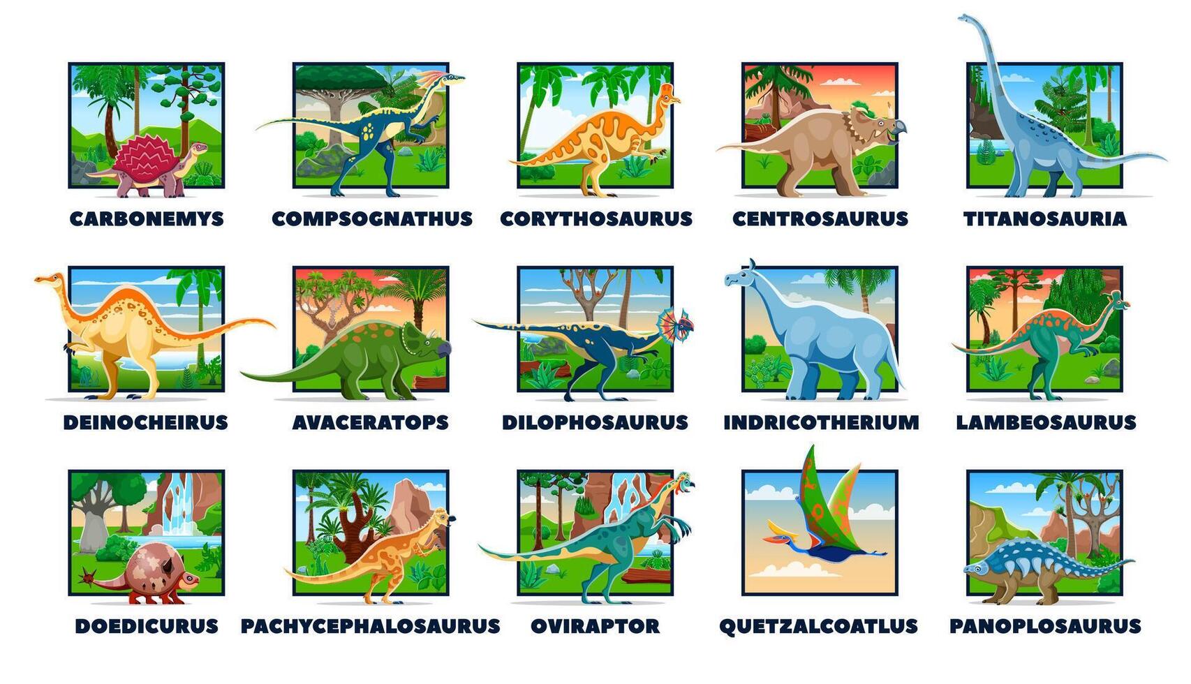 Cartoon prehistoric dinosaurs, birds and reptiles vector